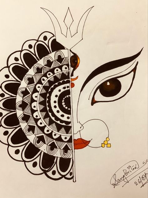 Spiritual Art Easy To Draw, Navaratri Drawings Easy, Navtri Drawing, Navaratri Mandala Art, Navratri Easy Drawing, Krishna Ji Mandala Art, Dashain Drawing, Drawing For Navratri, Navratri Drawing Ideas Easy