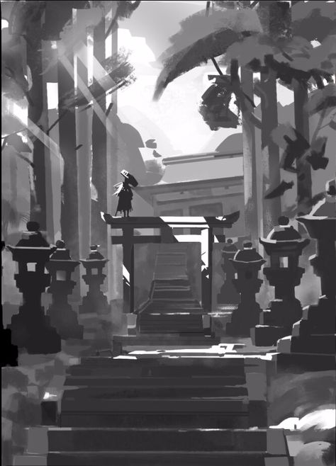 Grayscale Landscape Concept Art, Black And White Environment Concept Art, Greyscale Concept Art, Black And White Concept Art, Composition Thumbnails, Greyscale Background, Grayscale Landscape, Value Painting, Environment Painting