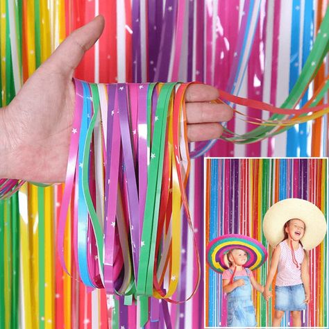 Rainbow Streamers, Fringe Curtain Backdrop, Tinsel Curtain, Foil Fringe Curtain, Streamer Party Decorations, Graduation Photo Booth Props, Cheap Party Decorations, Rainbow Backdrop, Graduation Photo Booth