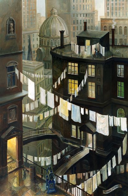 The art of laundry Lockwood And Co Thinking Cloth, Phil Lockwood, Phil Lockwood Paintings, Row House Sketch, Gmunden Austria, Philadelphia Painting, Washing Lines, Laundry Lines, Clothes Lines