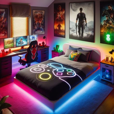 Gaming Bedroom Themed Gaming Decor Neon Gaming Bedroom, Gaming Seating Ideas, Game Themed Bedroom Boy Rooms, Gaming Room Boys Bedroom, Decorating Boys Bedroom Ideas, Little Boy Gamer Bedroom, Bedroom Ideas For 10 Year Boy, Kids Gaming Bedroom Ideas Boys, Teen Boy Room Ideas Gaming Teenage Bedrooms