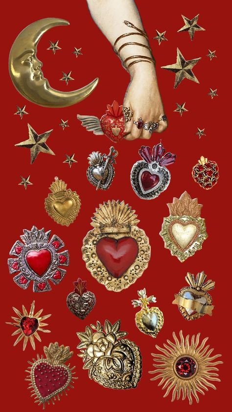 #mexican aesthetic #retro #golden #hearts #aesthetic #maximalist Mexican Heart Wallpaper, Tattoo Style Wallpaper, Mexican Sacred Heart Tattoo, Sacred Heart Aesthetic, Gold And Red Aesthetic, Frida Aesthetic, Candy Hearts Aesthetic, Red Valentines Aesthetic, Mexican Pattern Design