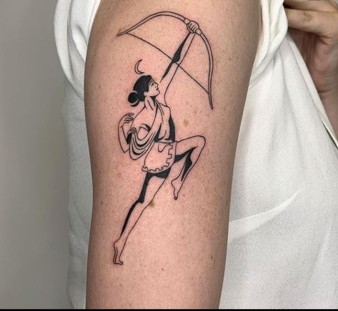 Sagittarius Tattoo Tarot, Simple Artemis Tattoo, Female Atlas Tattoo, Artemis Goddess Tattoo, Women Warrior Tattoo, Artemis Tattoo Design, Greek Mythology Tattoos For Women, Tattoo Art Styles, Eclectic Tattoo