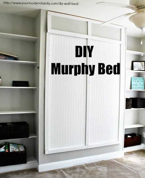 LEARN HOW TO BUILD THIS MURPHY BED! Build a QUEEN MURPHY BED for under $150. Add shelves next to your Murphy Bed for extra storage! This Murphy Bed is beautiful. It is a farmhouse murphy bed with a little bit of 'Murphy Bed Ikea Style' mixed in. #wallbed #Diy #murphybed #Farmhouse #Ikeahacks #Ikeastyle #Bedroom #Guestroom #office #playroom #multipurposeroom #housedecor #smallspace #beforeafter #Decor #fixerupper Wall Bed Diy, Playroom/guest Room, Diy Murphy Bed, Bed Ikea, Build A Murphy Bed, Ikea Style, Hideaway Bed, Murphy Bed Ikea, Queen Murphy Bed