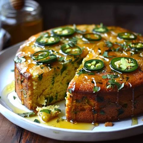 Smoky, sweet, and slightly spicy cornbread with a lime honey Spicy Cornbread, Jalapeño Cornbread, Vegan Baking Recipes, Sweet Cornbread, American Breakfast, American Recipes, Honey Lime, Honey Glaze, Chicken Pasta Recipes