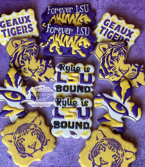 LSU cookies Lousiana State University cookies by Cajun Home Sweet Lsu Themed Graduation Party, Lsu Cookies Decorated, Lsu Desserts, Lsu Grad Party, Lsu Party Decorations, Lsu Graduation Party, Lsu Cookies, Lsu Cake, Lsu Party