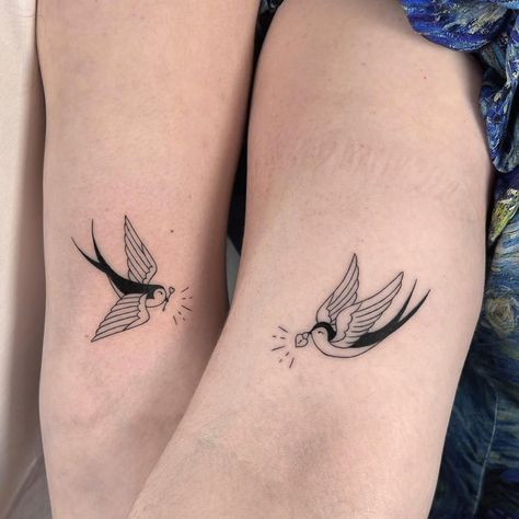 41 Unique Swallow Tattoo Ideas With Meaning Swallow Tattoo Couple, Couples Swallow Tattoo, Sparrow Tattoo For Couples, Matching Sparrow Tattoos, Matching Swallow Tattoos, Swallow Shoulder Tattoo, Small Swallow Tattoo, Swallow Tattoo Ideas, 2023 Tattoo Trends