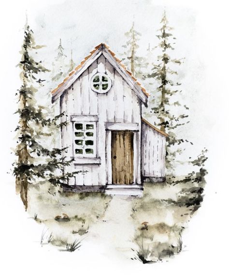 Ink And Watercolor Art Buildings, Watercolor Houses Simple, Watercolor Buildings Easy, Watercolour Cottage, Watercolour House Painting, Paintings Of Houses, Watercolor Cabin, Barn Watercolor, Watercolor Buildings