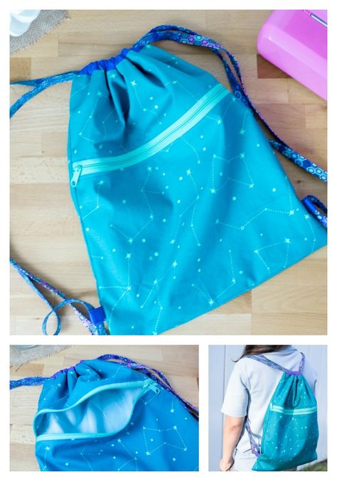 Easy Peasy Drawstring Backpack... with a Zipper Pocket {free tutorial} Drawstring Backpack Tutorial, Drawstring Backpack Pattern, Diy Drawstring Bag, Purses Patterns, Shopping Bag Pattern, Backpack Tutorial, Diy Backpack, Free Sewing Patterns, Backpack Pattern