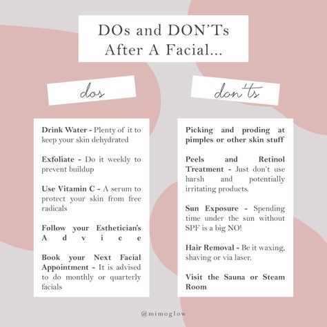 After Care For Facials, Esthetician Basics, Dos And Donts Skincare, Instagram Post Ideas For Esthetician, Facial Names Ideas, Esthetician Logo Ideas, Esthetics Facial, Facial Aftercare, Esthetician Ideas