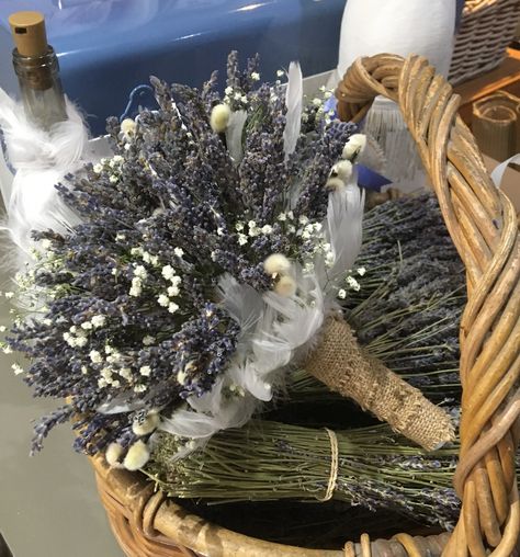 Dried Lavender Wedding Bouquet with Gypsophila, Pussywillow, feathers and jute. Handmade to order by Helen Gypsophila And Lavender Bouquet, Pussywillow Bouquet, Bouquet With Gypsophila, Lavender And Wheat Wedding Decor, Lavender And Wheat Bouquet, Dried Lavender Wedding, Dried Lavender Bouquet, Lavander Dried Flower Bouquet, Dried Bridal Bouquet Purple