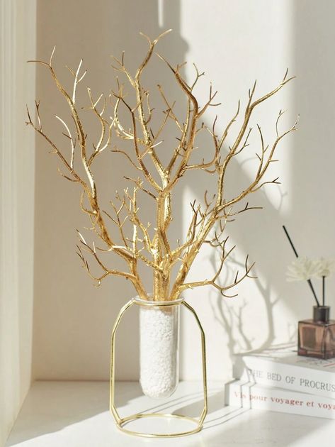 1pc/5pcs Glitter Gold Branches Plastic Artificial Fake Antler Shaped Tree Branch Small Decorative Plant Twigs Branch For Wedding Table Decor Baby Shower Party Supplies | SHEIN USA Twig Centerpieces, Tree Branch Centerpieces, Grass Centerpiece, Floral Art Arrangements, Tissue Paper Flowers Diy, Twig Branch, Gold Branches, Gold Party Decorations, Home Floral Arrangements