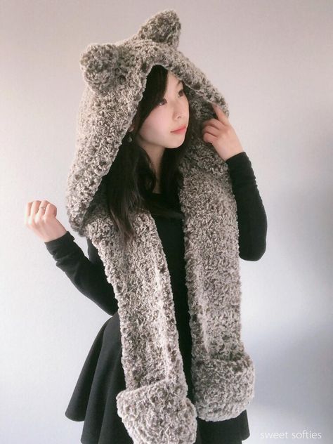 Hooded Timber Wolf Scarf Crochet pattern by Sweet Softies Scarf Diy, Crochet Hooded Scarf, Crochet Hoodie, Timber Wolf, Diy Scarf, Textured Yarn, Hooded Scarf, Crochet Cardigan Pattern, Scarf Crochet Pattern