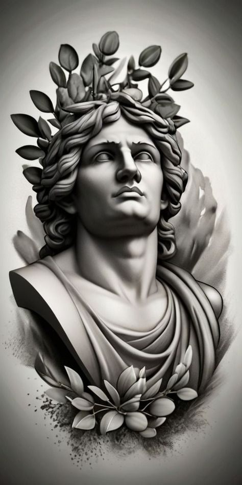 Men Statue Tattoo, God Statue Tattoo, Statue Tattoo Design, Background Tattoo Design, Apollo Tattoo, Greece Tattoo, Greek Drawing, Mens Body Tattoos, Greek God Tattoo