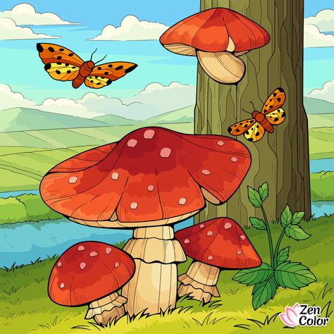 Scenery Drawing For Kids, Zen Colors, School Painting, Coloring Art, Butterfly Drawing, Canvas Painting Diy, Mushroom Art, Art Drawings For Kids, Painting Tile