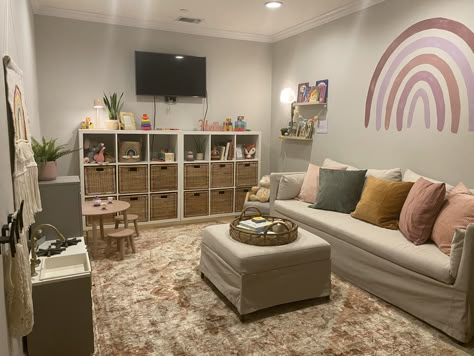 Cozy boho playroom Playroom Chill Area, Play Area Room Ideas, Play Room With Sofa, Play Area In Living Room Boho, Bedroom Turned Into Playroom, Small Den Playroom Combo, Playroom With Couch Layout, Playroom Ideas With Tv And Couch, Play Guest Room Combo