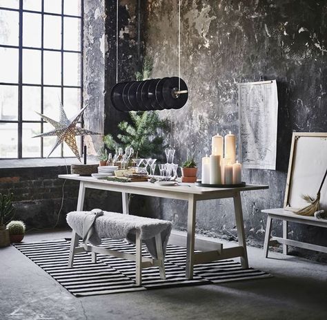 Industrial Christmas, Ikea Dining Room, Warehouse Living, Ikea Dining, Ikea Usa, Holiday Living Room, Ikea Catalog, Unique Holiday Decor, New York Loft