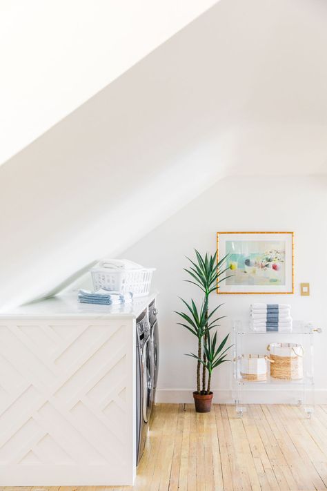 Sloped Ceiling Laundry Space Reveal - The Leslie Style Laundry Room With Angled Ceiling, Laundry Room Slanted Ceiling, Angled Ceiling Laundry Room, Sloped Ceiling Laundry Room, Country Ensuite, Room With Slanted Ceiling, Farmhouse Trunk, Wallpaper On Ceiling, Slanted Ceiling Bedroom