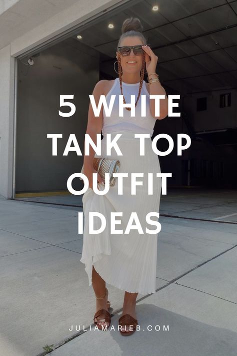 White Sweater Tank Outfit, How To Dress Up A Tank Top, Outfits With White Tank Top, How To Style A White Tank Top, Basic Tank Top Outfit, White Tank Dress Outfit, White Tank Top Outfit Summer, Ribbed Tank Top Outfit, Racerback Tank Outfit