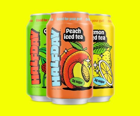 Halfday Iced Tea - Fonts In Use Juice Packaging Design, Healthy Iced Tea, Cans Design, Peach Green Tea, Mogu Mogu, Lost Frequencies, Creative Typography Design, Drinks Packaging, Peach Ice Tea