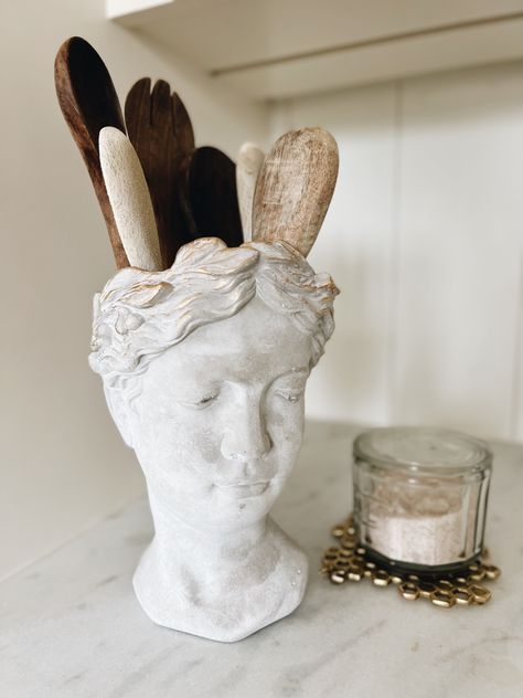 Grecian Bust Pot curated on LTK Grecian Bust Pot, Living Room Greek Style, Roman Bust Decor, Grecian Bust Decor, Decorating With Busts, Greek Aesthetic Decor, Greek Bust Decor, Grecian Kitchen, Pedestal Decor Ideas