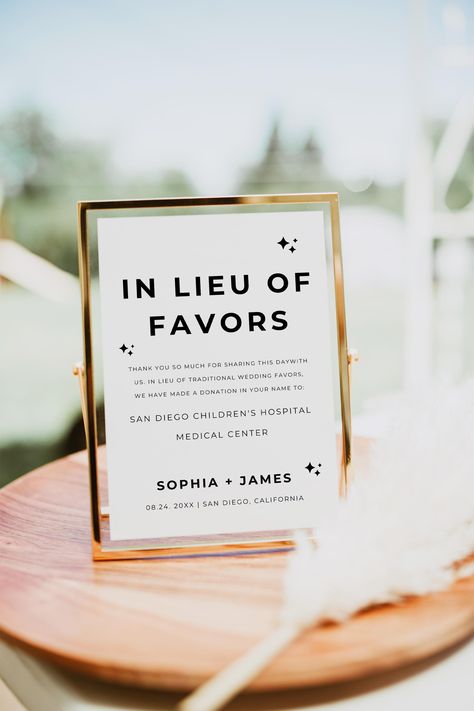 Enhance your special day with our beautiful "In Lieu of Favors Sign." This elegant wedding signage allows you to forgo traditional wedding favors in favor of meaningful charity donations, making your wedding not only memorable but also impactful. Perfect for minimalist weddings, our printable wedding template can be easily downloaded and customized to fit your theme. Show your guests you care by directing them to contribute to a cause close to your heart with this charming "In Lieu of Favors" sign. Our user-friendly design ensures you can create a stunning focal point while supporting a charity. Make your wedding day truly unique and give back with style! **Please note this is a digital product - no physical item will be shipped to you. Once you have placed your order you will receive a li Elegant Wedding Signage, In Lieu Of Favors, Traditional Wedding Favours, Favors Sign, Donate To Charity, Wedding Signage, Printable Wedding, Wedding Templates, Give Back