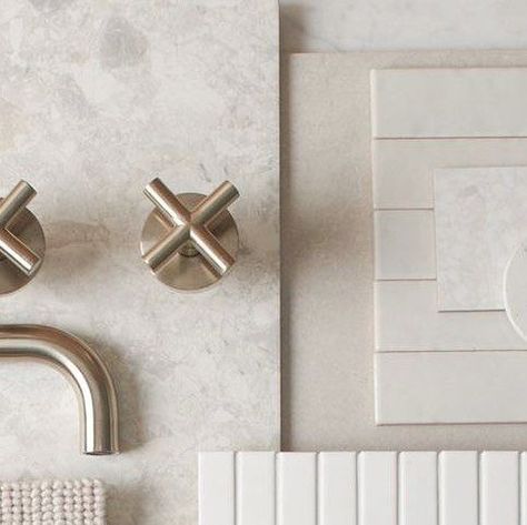 INTERIOR DESIGN | STYLING & DECORATING on Instagram: "Tonal inspiration from @tilecloud featuring brushed nickel hardware and soft neutrals ✨🙌🏼 #moodboard #brushednickel #tilesdesign" Brush Brass Bathroom, Bathroom Remodel Brushed Nickel, Bathroom Nickel Fixtures, Brushed Nickel Faucet Bathroom, Neutral Family Bathroom, Bathroom Brushed Nickel Fixtures, Brushed Chrome Bathroom Fixtures, Brush Nickel Bathroom Fixtures, Brushed Nickel Hardware Bathroom