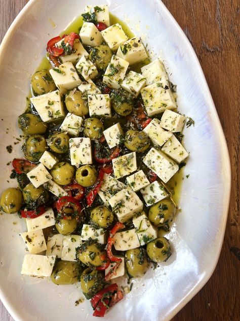 Marinated Cheese - Natalie Mason Marinated Cheese And Olives, Cheese And Olives, Marinated Cheese, Spicy Salt, Holiday Appetizers Easy, Marinated Olives, Feta Recipes, Holiday Appetizer, Cheese Cubes