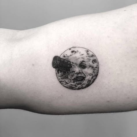 To The Moon Tattoo, The Moon Tattoo, A Trip To The Moon, Movie Tattoo, Movie Tattoos, Camera Tattoo, Cool Small Tattoos, Laser Tattoo, Small Tattoo Designs