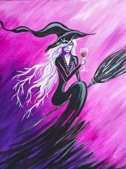 Vino Vixen Pinots Palette Paintings, Halloween Canvas Paintings, Witch Painting, Halloween Artwork, Paint Night, Holiday Painting, Halloween Painting, Drink Specials, Autumn Painting