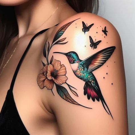 Puerto Rican Tattoos For Women Sleeve, Hummingbird Tattoo Color, Hummingbird Tattoo Behind Ear, Hummingbird Wrist Tattoo, Quarter Sleeve Tattoos For Women, Hummingbird Tattoo Black, Colorful Hummingbird Tattoo, Folk Tattoo, Special Tattoo