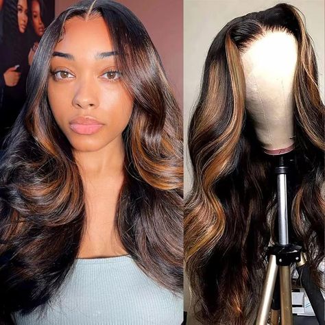 PRICES MAY VARY. 【Highlight Lace Front Wig Human Hair Material】:1B/30 Ombre Wigs Human Hair is Grade 10A Brazilian Virgin Human Hair, body wave lace front wigs human hair pre plucked, invisible, soft, and breathable, It can be dyed, curled, Can Be Made To Any Style You like. 【Ombre Lace Front Wig Human Hair Quality】:Highlight 1B/30 Colored Lace Front Wigs Human Hair For Women.180% Density Light Honey Blonde Glueless Wigs Human Hair Pre Plucked Natural Hairline with Baby Hair Around.Perfect match Middle Part Curls, Black Hair With Brown Highlights, Black Hair With Blonde Highlights, Lace Wigs Styles, Ombre Lace Front Wig, Best Hair Dye, Ombre Lace Front, Black Hair With Highlights, Ombre Lace