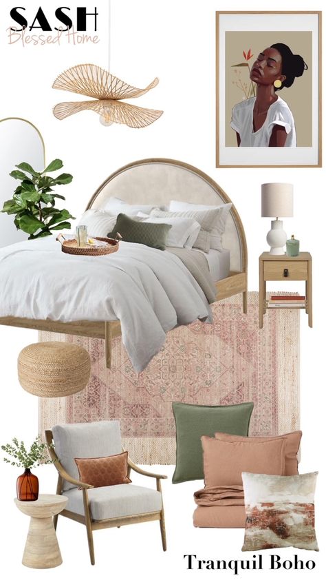 Tranquil Boho Bedroom, Calming Bedroom Design, Calming Bedroom Ideas Inspiration, Apartment Japandi, Bedroom Mood Board Interior Design, Boho Bedroom Mood Board, Tranquil Apartment, Contemporary Boho Bedroom, Tranquil Bedroom Ideas