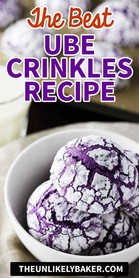 Ube crinkles are your favourite crinkle cookies packed with delicious ube flavor. Soft, fluffy, so delicious! Perfect for the holidays or as an everyday treat. Follow along with video instructions. Purple Desserts Ideas, Purple Snacks For Color Party, Purple Food Ideas Snacks, Purple Foods For Color Party, Purple Snacks For Party, Purple Food Ideas, Purple Foods For Party, Ube Crinkles Cookies Recipe, Purple Snacks