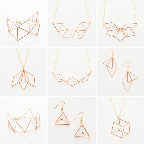 Follow this tutorial to make your own geometric jewelry. Jewelry Logo, Jewelry Kits, Homemade Jewelry, Geometric Jewelry, Rhinestone Designs, Diy Schmuck, Crystal Necklace Pendant, Contemporary Jewellery, Raw Material