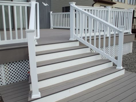 Love this- two tone opaque deck stain in gray and white! Grey Deck, Deck Design Ideas, White Deck, Pergola Diy, Deck Colors, Deck Paint, Deck Stairs, Staining Deck, Porch Steps