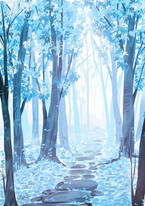 Winter Aesthetic Art Wallpaper, Paramochy Blue, Blue Aesthetic Background Landscape, Winter Anime Wallpaper, Landscape Study, Fantasy Background, Pretty Backgrounds, Cool Colors, Nature Drawing