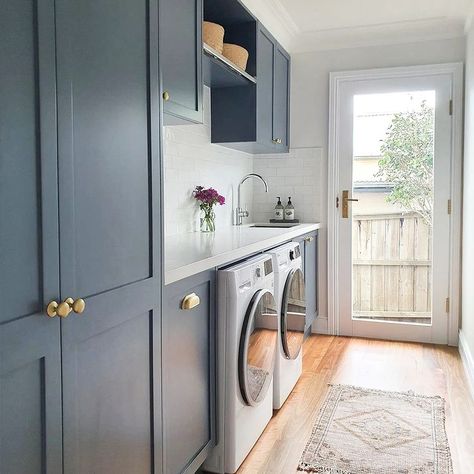 We are loving this navy blue laundry in @sharonmisko's home! Do you prefer a bold colour palette or a neutral one? Tell us in the comment… Luxe Laundry, Bold Colour Palette, Navy Cabinets, Utility Room Designs, Fresh Laundry, Chrome Taps, Room Wall Painting, Laundry Design, Laundry Room Inspiration