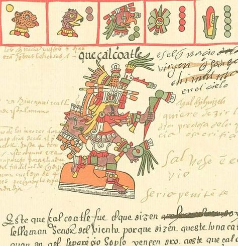 The Aztec god Quetzalcoatl as depicted in the Codex Telleriano-Remensis (16th century). Feather Serpent, Aztec History, History Of Mexico, Aztec Mythology, Aztec Artwork, History Of Chocolate, Mexican People, Feathered Serpent, Queen Cleopatra