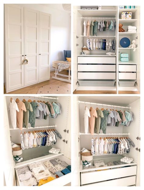 Nursery Room Wardrobe, Nursery With Wardrobe, Ikea Pax Baby Closet, Ikea Pax Baby, Pax Nursery, Dressing Bebe, Baby Wardrobe Organisation, Newborn Closet, Baby Boy Closet