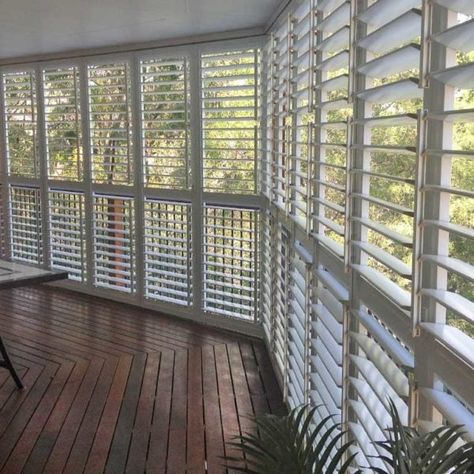 Outdoor Shutters Brisbane | Patio Shutters | Patio Enclosures | Brisbane Outdoor Shutters For Patio, Balcony Shutter Ideas, Enclosed Verandah Ideas Australia, Deck Shutters, Patio Enclosure Ideas, Queenslander Interior, Porch Shutters, Patio Door Shutters, Brisbane House