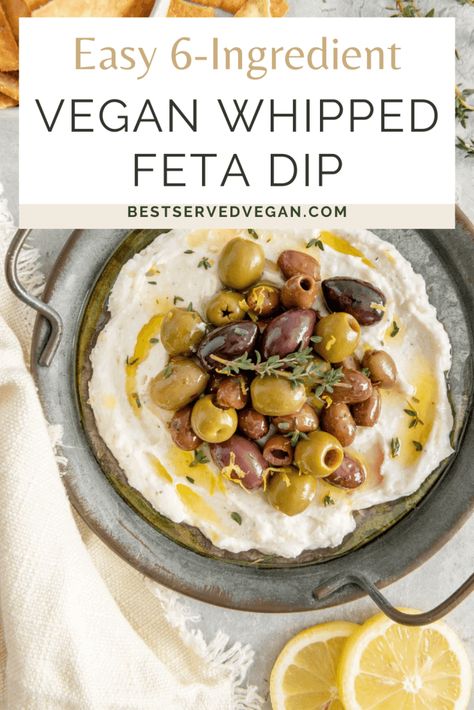 This vegan whipped feta only has only 6 ingredients and is so addicting! It comes together in 5 minutes but looks and tastes totally gourmet. It has a creamy, yet tangy flavor, and it is the perfect snack or sharable appetizer for any party or gathering. Enjoy it as a dip with veggies and crackers, in a sandwich for lunch, as part of a vegan charcuterie board, or even on a buddha bowl or salad. Dip With Veggies, Vegan Charcuterie Board, Baked Plantain Chips, Sandwich For Lunch, Vegan Greek Yogurt, Healthy Party Snacks, Vegan Feta Cheese, Vegan Party Food, Vegan Party