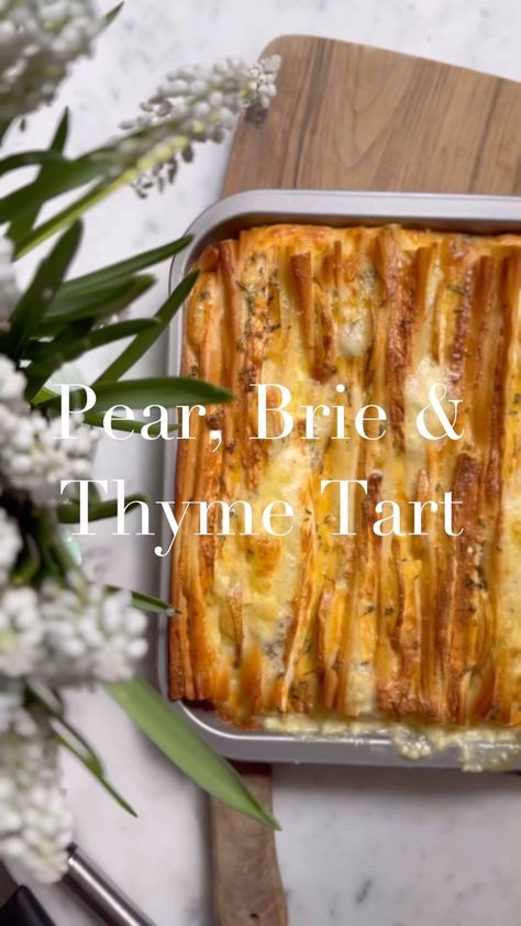 Clodagh McKenna Herbert | THYME PEAR AND BRIE TART Serves 6 INGREDIENTS: 10 sheets of filo pastry 10 slices of brie 2 pears, thinly sliced and halved… | Instagram Pear Filo Pastry, Thyme Pear And Brie Tart, Turkey Pear Brie Sandwich, Pear And Brie Tart, Filo Pastry Appetizers, Leftover Brie Recipes, Puff Pastry With Brie, Brie Pastry, Filo Pastry Dessert