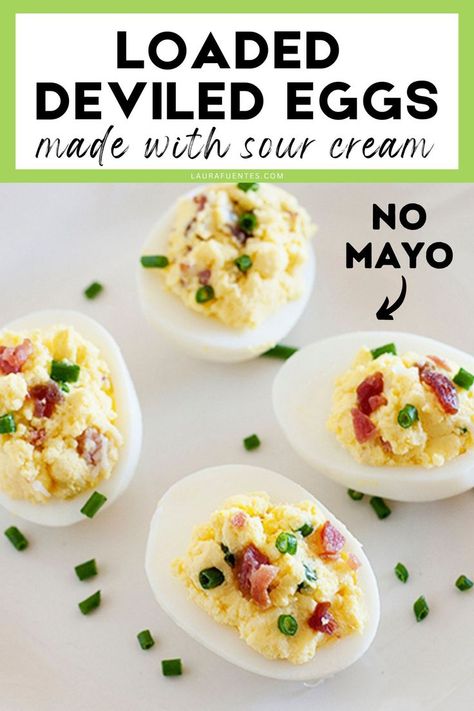 loaded deviled eggs Deviled Eggs With Sour Cream, Potato Deviled Eggs, Loaded Deviled Eggs, Baked Potato Dinner, Eggs With Bacon, Deviled Egg Recipe, Deviled Eggs Recipe Easy, Eggs And Cheese, Salad Jar Recipe