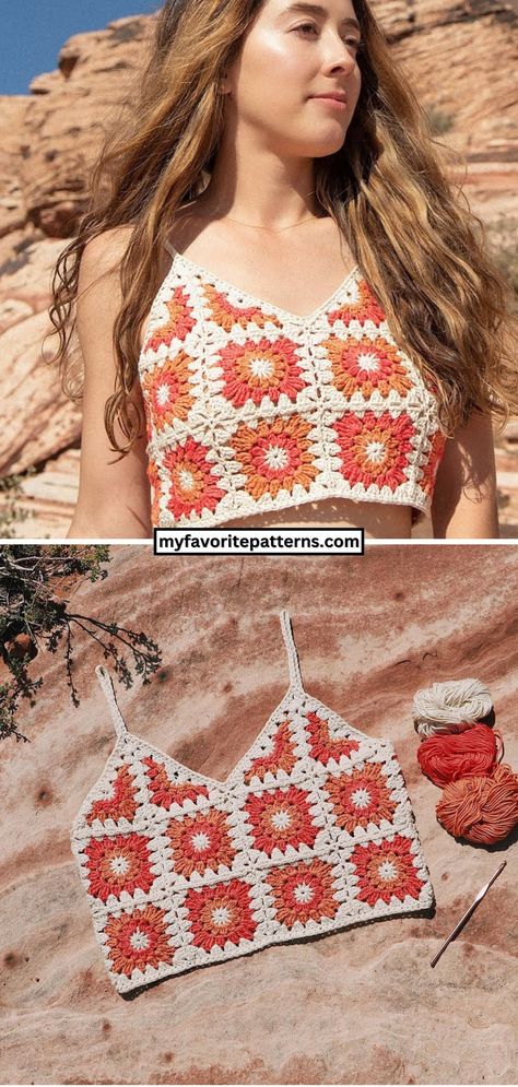 Free Crochet Summer Top With Granny Squares Pattern Amanda Love Santos Crochet, Plus Crochet Top, Granny Square Tank Top Crochet Pattern, Granny Square Tops Crochet, Crochet Top Free Pattern Summer, Crochet Top Two Colors, Granny Square Top Tutorial, Summer Crochet Granny Squares, Crochet Top Pattern Granny Square