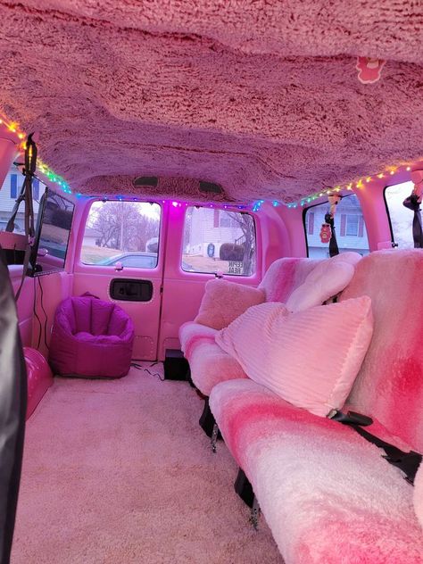 Pink Car Inside Aesthetic, Pink Van Interior, Hello Kitty Car Inside, Pastel Car Interior, 90s Car Interior, Pimped Out Car Interior, Mcbling Car Interior, Hot Pink Car Interior, Back Seat Car Decor