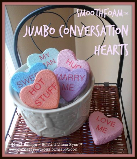 Everyone loves those little candy conversation hearts you can find everywhere around Valentine's Day (although the messages sure are different these days then w… Conversation Hearts Crafts, Faux Desserts, Valentines Wreaths, Fake Bakes, Hanger Crafts, Heart Diy, Valentines Crafts, Valentines Decor, Valentines Decorations