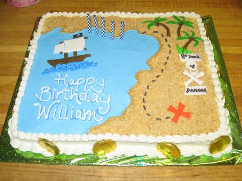 Pirate sheet cake.  Looks simple, but time consuming. Pirate Sheet Cake, Sheet Cakes Decorated, Map Cake, Birthday Sheet Cake, Pirate Cakes, Pirate Birthday Cake, Pirate Map, Pirate Party Ideas, Pirates Party