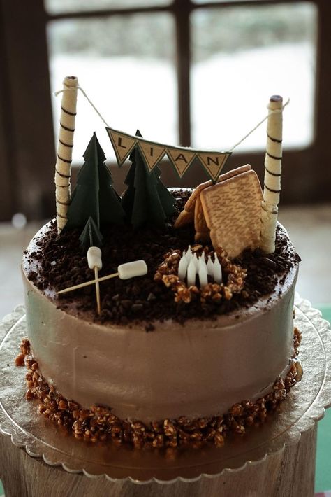 1st Birthday Camping Cake, Camping Birthday Party Cake Ideas, Camping Bday Cake, Wilderness Cake Ideas, Campfire Birthday Cake, Camp Cake Birthday, Camp Cake Ideas, Outdoor Cake Ideas, Camping Birthday Cake Ideas