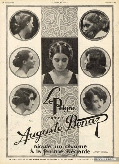 Auguste Bonaz 1923 Hairstyle, Combs (L) Old School Hairstyles, 1920's Hairstyles, Historical Hairstyles, Perfume Label, 1920s Hair, Art Deco Hair, 1950 Fashion, Advertising Illustration, 1920s Flapper Dress